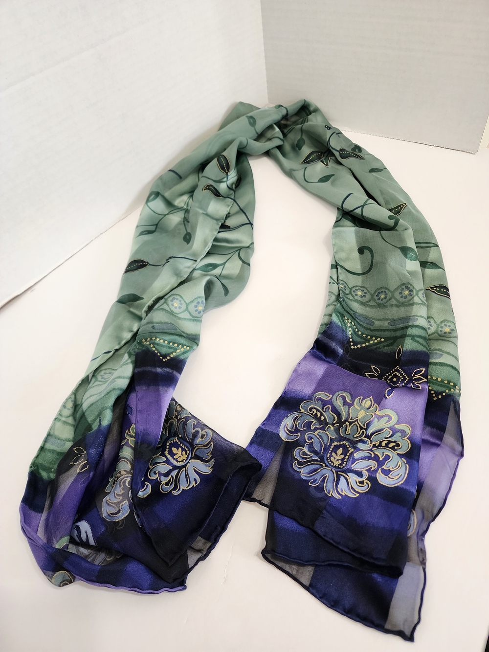 Vintage Bill Blass 100% Silk Chiffon Floral Scarf Green Purple